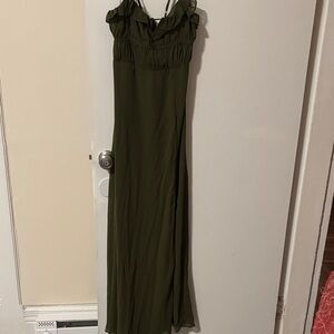 Lulu's Olive Green Ruffle long evening Dress with slit. Never been worn.